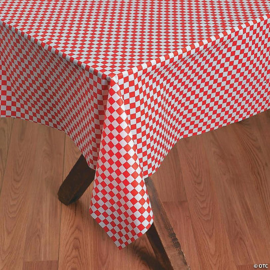 40" x 100 ft. Red & White Checkered Banquet Plastic Tablecloth Roll | USA Decoration®
