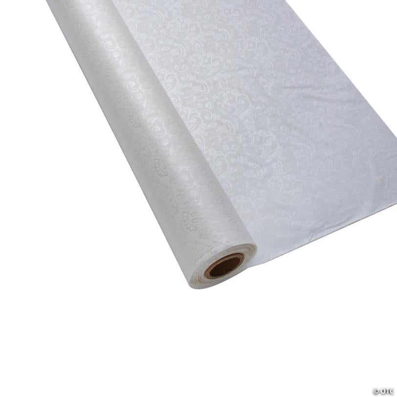 40" x 100 ft. White Lace Plastic Tablecloth Roll | USA Decoration®