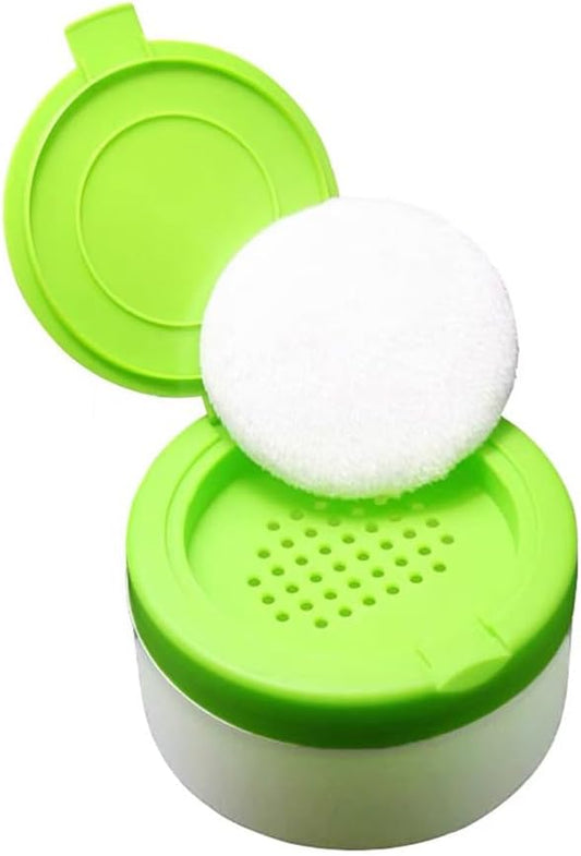 White Plastic Baby Powder Puff Case with Green Sifter Lid Refillable Portable Container