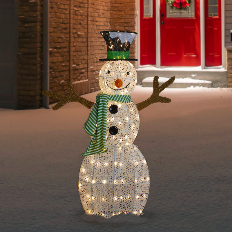 43" LED Lighted Snowman with Top Hat and Green Scarf Outdoor Christmas Decoration