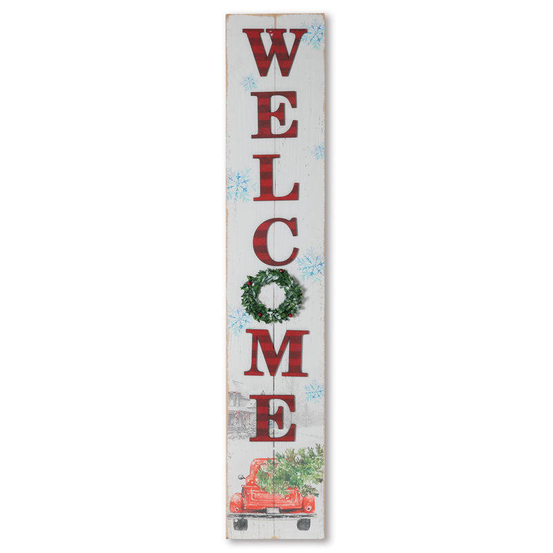 46.75 in. Wooden Welcome Porch Sign with Truck and Pine Wreath