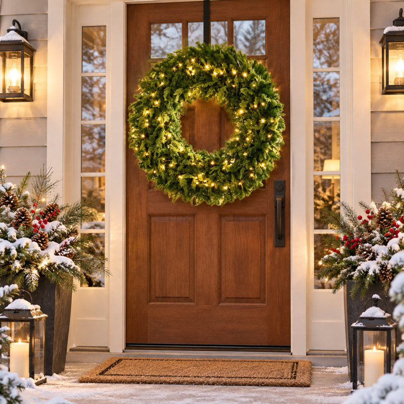 48" pre-lit white Christmas wreath with 150 LED lights and a bow