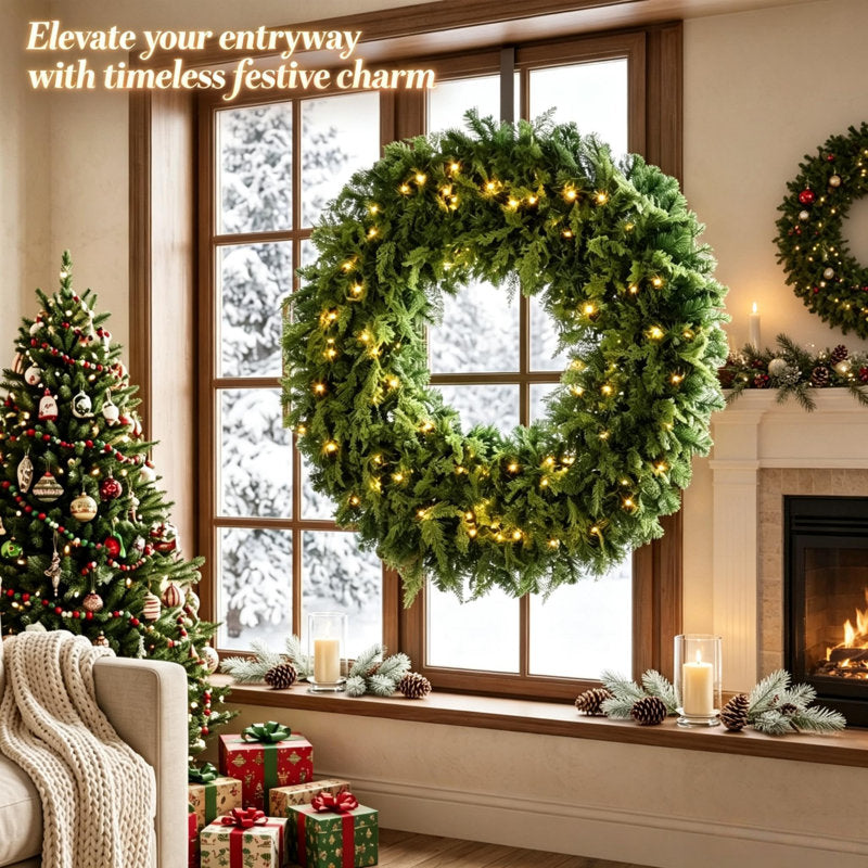 48-Inch Pre-Lit Artificial Christmas Wreath, 550 Lifelike PE & PVC Tips, 150 Warm White LEDs, 8 Modes, Decorative Bow, Indoor/Covered Outdoor Door Decor
