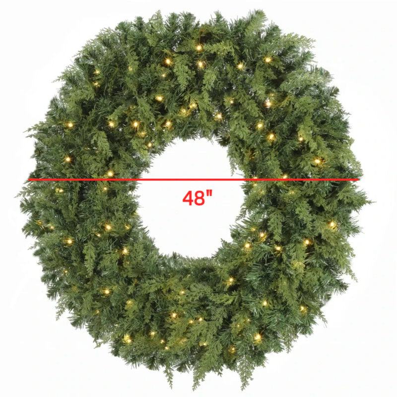 48-Inch Pre-Lit Artificial Christmas Wreath, 550 Lifelike PE & PVC Tips, 150 Warm White LEDs, 8 Modes, Decorative Bow, Indoor/Covered Outdoor Door Decor