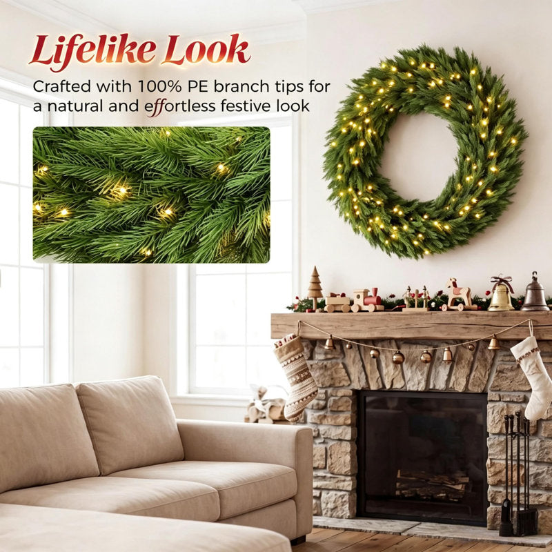 48-Inch Pre-Lit Norwegian Spruce Christmas Wreath with 150 Warm White LED Lights, Green Artificial Holiday Door Decoration