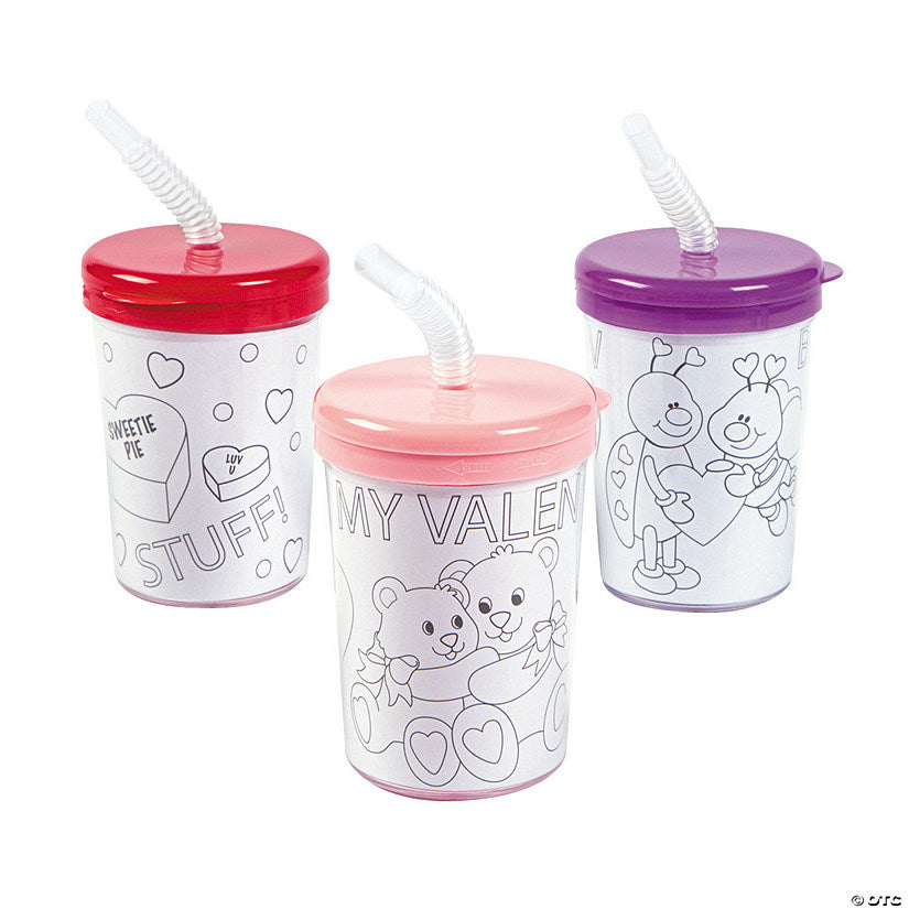 Color Your Own Valentine BPA-Free Plastic Cups with Lids & Straws - 12 Ct. | USA Decoration®