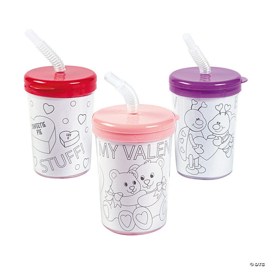 Color Your Own Valentine BPA-Free Plastic Cups with Lids & Straws - 12 Ct. | USA Decoration®