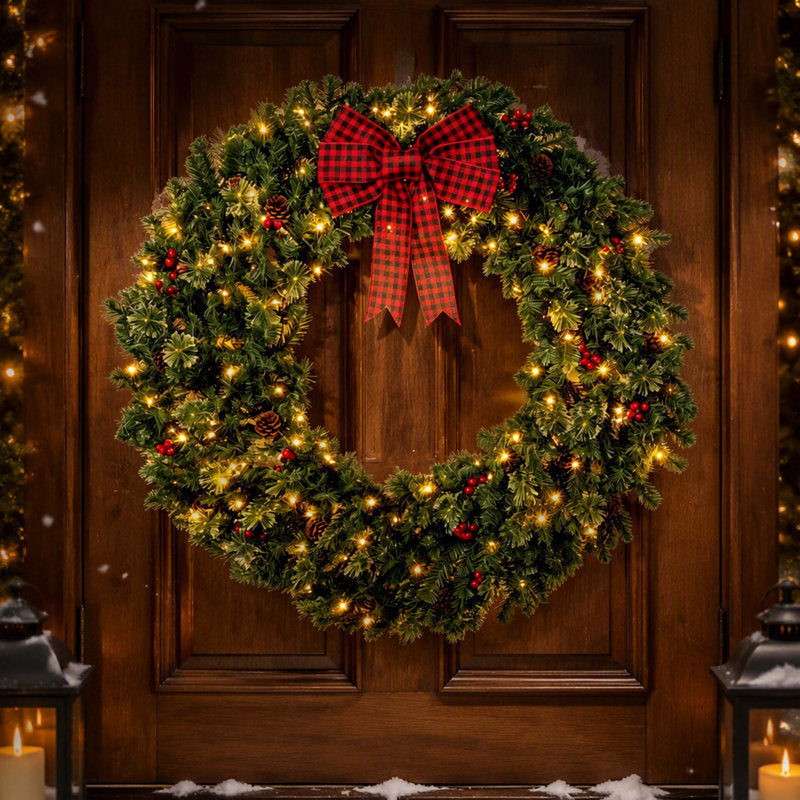 48 Inch Pre-Lit Crestwood Spruce Christmas Wreath with Decor Bow, 8 Light Modes, Red Berries and Pinecones