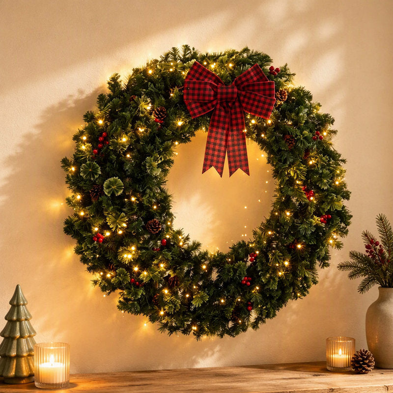 48" pre-lit spruce Christmas wreath with pinecones and red berries