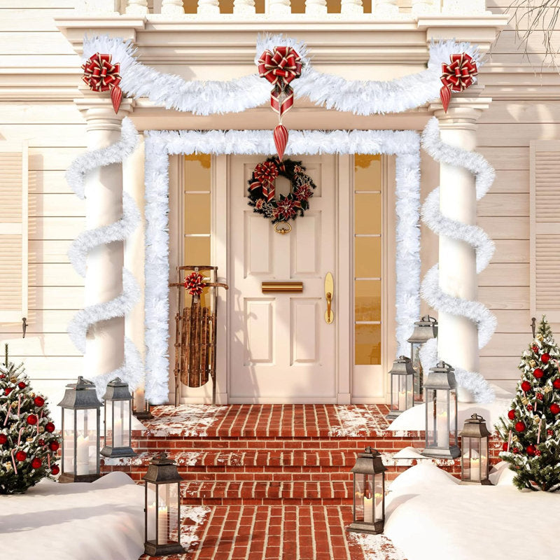 9 ft Red Pre-Lit Ball Christmas Garland framing a front door
