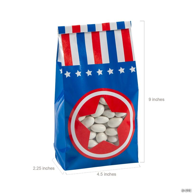 4 1/2" x 9" Patriotic Tin Tie Paper Treat Bags with Star Window - 24 Pc.