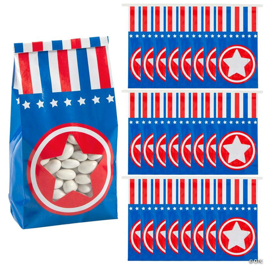 4 1/2" x 9" Patriotic Tin Tie Paper Treat Bags with Star Window - 24 Pc.