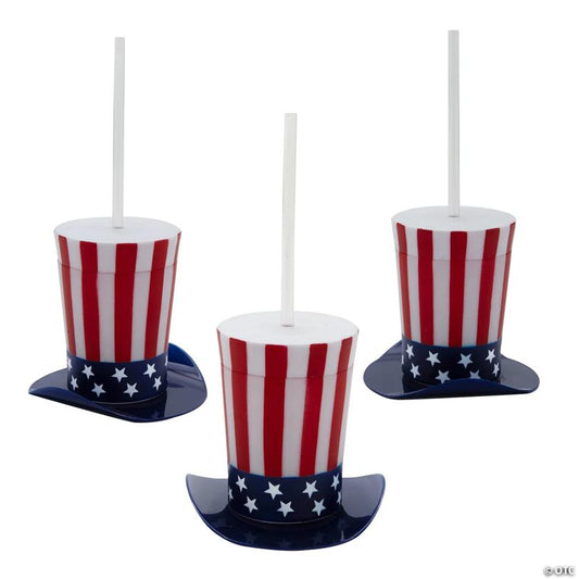 4 1/4" 14 oz. Patriotic Top Hat-Shaped Straw Cups with Lids - 12 Pc.