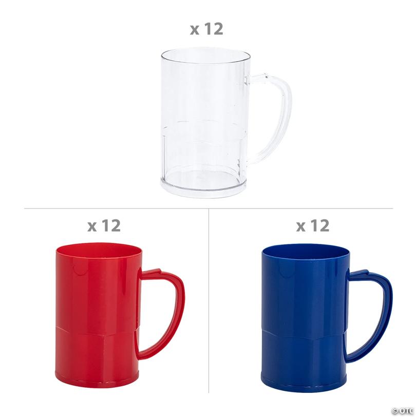 4 3/4" 14 oz. Patriotic Red, Clear & Blue Reusable Plastic Mug Assortment – 36 Ct.