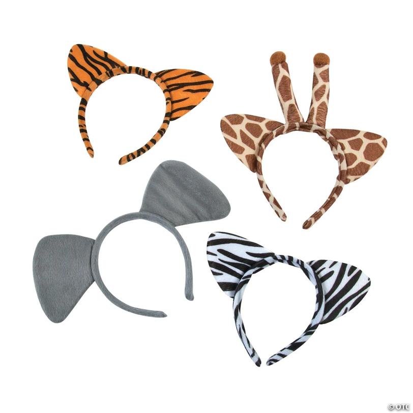 4 3/4" Plush Zoo Animal Ear Wild Patterns Headbands - 12 Pc.