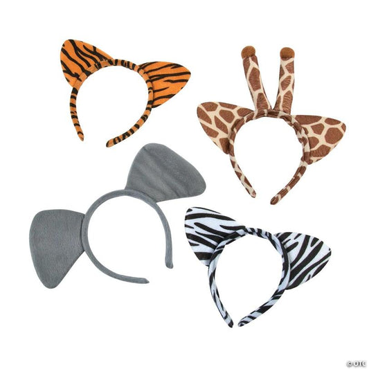 4 3/4" Plush Zoo Animal Ear Wild Patterns Headbands - 12 Pc.