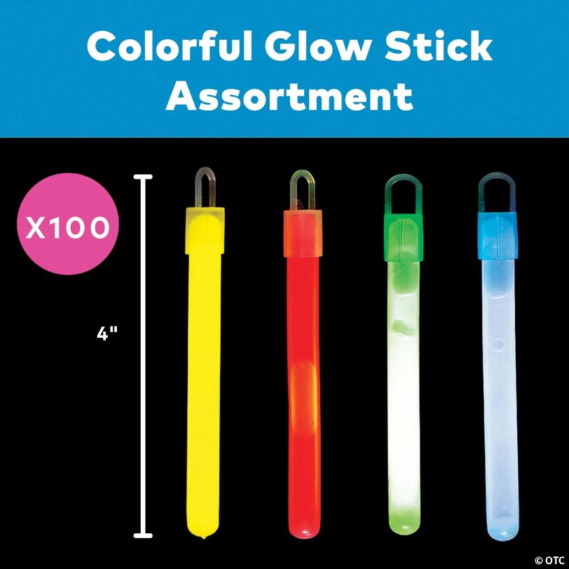 4" Bulk 100 Pc. Classic Multicolor Plastic Glow Stick Assortment
