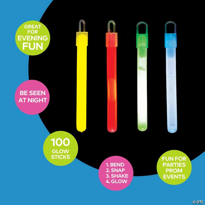 4" Bulk 100 Pc. Classic Multicolor Plastic Glow Stick Assortment