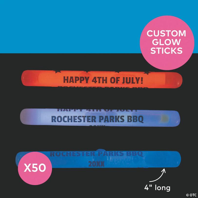 4" Bulk 50 Pc. Personalized Patriotic Plastic Glow Sticks