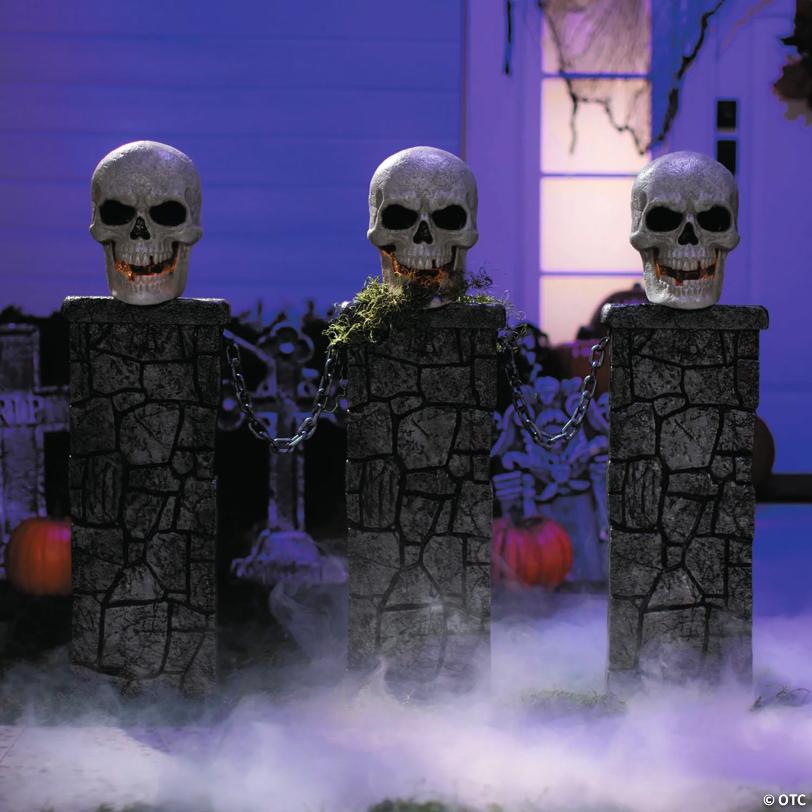4 Ft. x 3 Ft. Light-Up Skull Pedestal Fence with Chains Halloween Decoration
