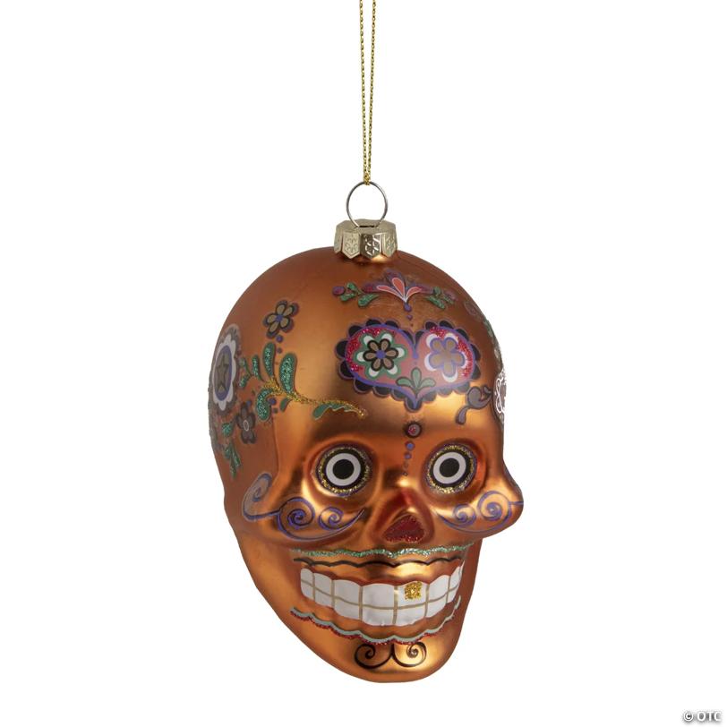 4" Orange Day of the Dead Glass Skull Halloween Ornament