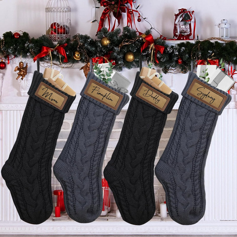 4 Pack Personalized Christmas Stocking With Leather Patches Custom Name Family Christmas Stockings, 18.5â€ Large Knitted Xmas Stockings For Kids, Holiday And Fireplace Party Decoration