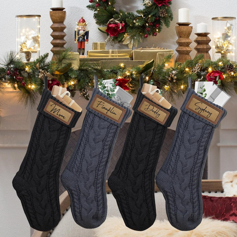 4 Pack Personalized Christmas Stocking With Leather Patches Custom Name Family Christmas Stockings, 18.5â€ Large Knitted Xmas Stockings For Kids, Holiday And Fireplace Party Decoration