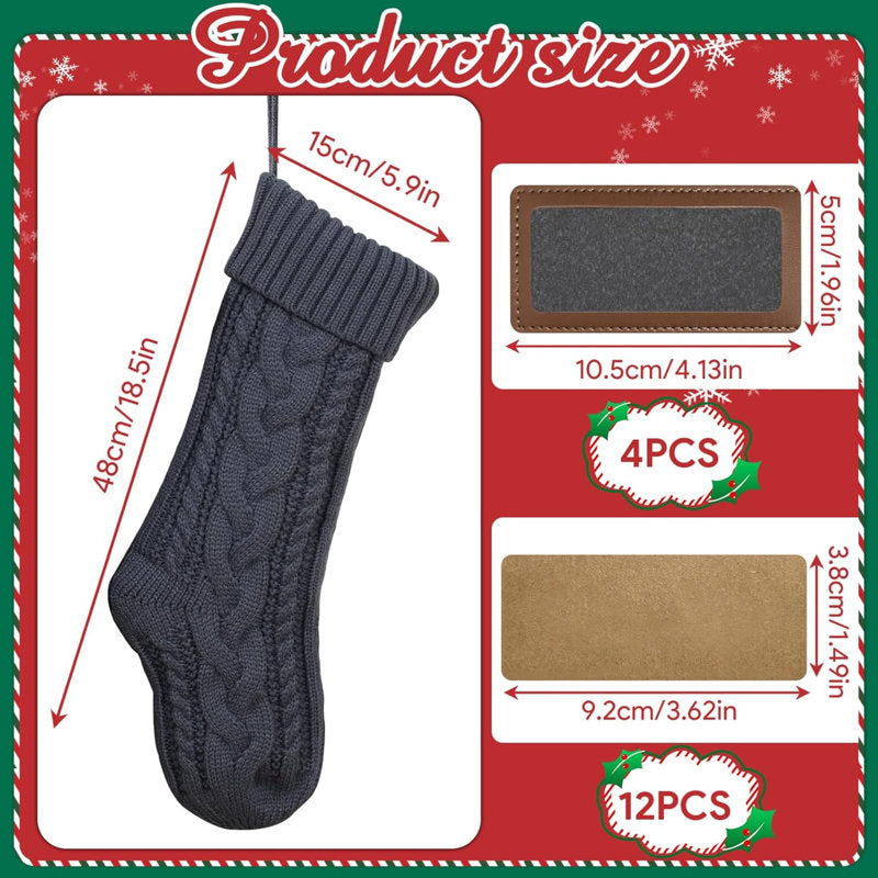 4 Pack Personalized Christmas Stocking With Leather Patches Custom Name Family Christmas Stockings, 18.5â€ Large Knitted Xmas Stockings For Kids, Holiday And Fireplace Party Decoration