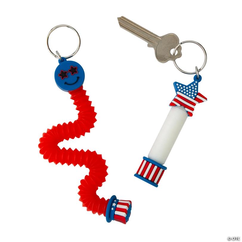 4" Patriotic Expanding Tube Smile & Star Plastic Fidget Toy Keychains - 12 Pc.