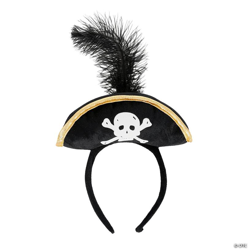 4" x 5 1/2" Skull & Crossbones Pirate Hat-Topped Black Polyester Headband
