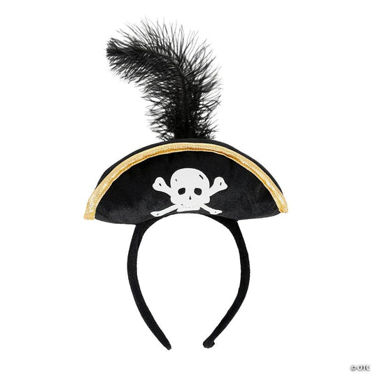 4" x 5 1/2" Skull & Crossbones Pirate Hat-Topped Black Polyester Headband