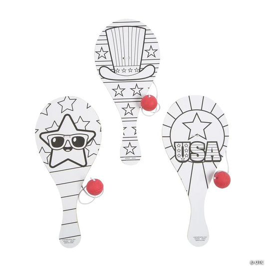 4" x 9" Color Your Own Patriotic Wooden Paddleball Games – 12 Pc.