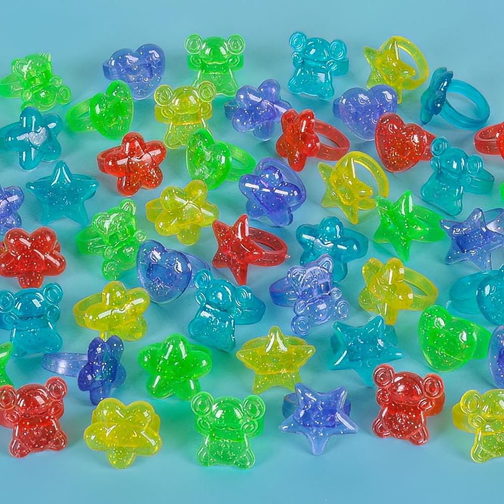 Plastic Glitter Rings, Assorted Colors and Designs- 144 Count