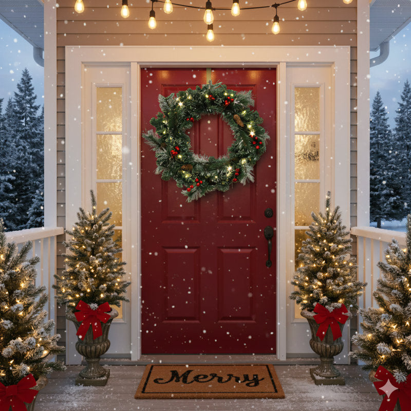 Pre-Lit Farmhouse Artificial Gnome Christmas Wreath hanging on a front door