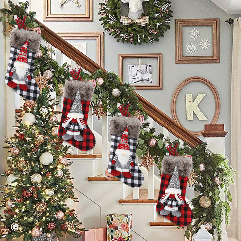 4pcs 18.5 inch Plaid Christmas Stockings,3D Large Gnomes Santa Christmas Stockings Set Personalized Soft Classic Red and Grey Fireplace Hanging for Girls Boys Gift Tree Mantel Party DÃ©cor