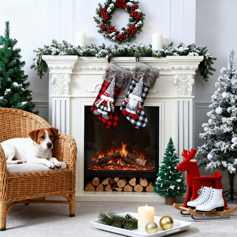 4pcs 18.5 inch Plaid Christmas Stockings,3D Large Gnomes Santa Christmas Stockings Set Personalized Soft Classic Red and Grey Fireplace Hanging for Girls Boys Gift Tree Mantel Party DÃ©cor