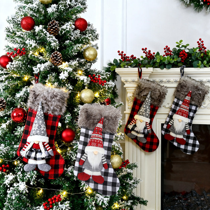 4pcs 18.5 inch Plaid Christmas Stockings,3D Large Gnomes Santa Christmas Stockings Set Personalized Soft Classic Red and Grey Fireplace Hanging for Girls Boys Gift Tree Mantel Party DÃ©cor