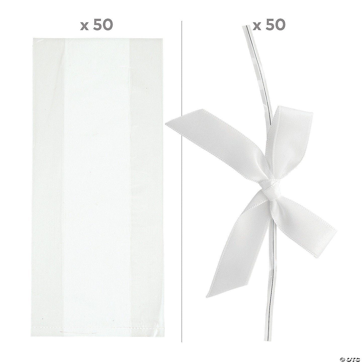 5 1/2" x 11" Bulk Medium Clear Cellophane Bags with White Bow Kit for 50
