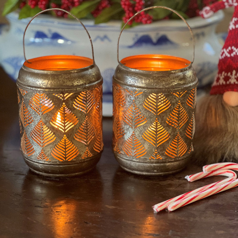 5.5" H Cutout Trees Gold Candle Lanterns