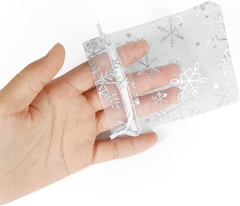 HRX Package 100pcs Snowflake Organza Gift Bags Christmas 3x4 inch, Small White Mesh Jewelry Pouches Little Drawstring Candy Bags
