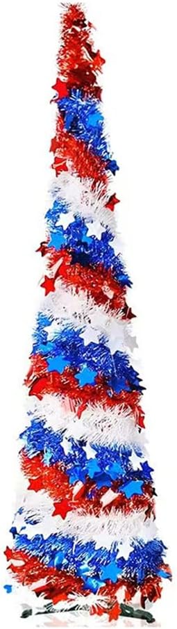5Ft Pop up Christmas Tree 4th of July Patriotic Decorations Tree, Artificial Collapsible Star Sequins Christmas Tree for Indoor Outdoor Independence Day Red White and Blue Decorations