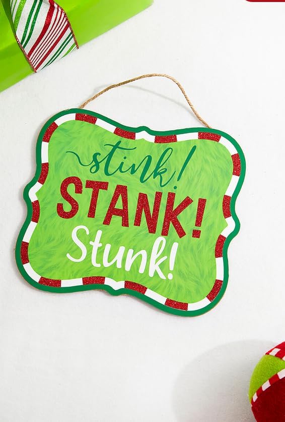 Craig Bachman Stink Stank Stunk 10.5" Wooden Sign/Door Hanger For Christmas Wreath Accents, Crafts, and Wall Decorations - Lime Green, Red, White