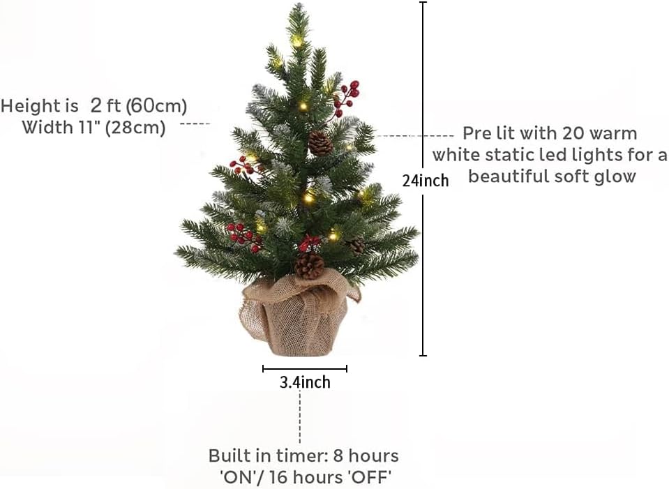 MEETYAMOR 2 FT Mini Christmas Tree, 24" PE Prelit Small Artificial Tabletop Snow Flocked Christmas Trees Decor with 20 Lights Timer, Outdoor Indoor Porch Table Centerpieces Xmas Christmas Decorations