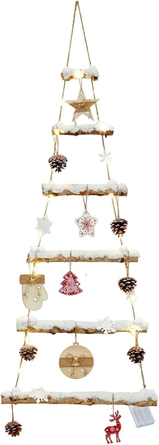 naturevibe Snowy Birch Logs Wall Christmas Tree with Lights and Accessories
