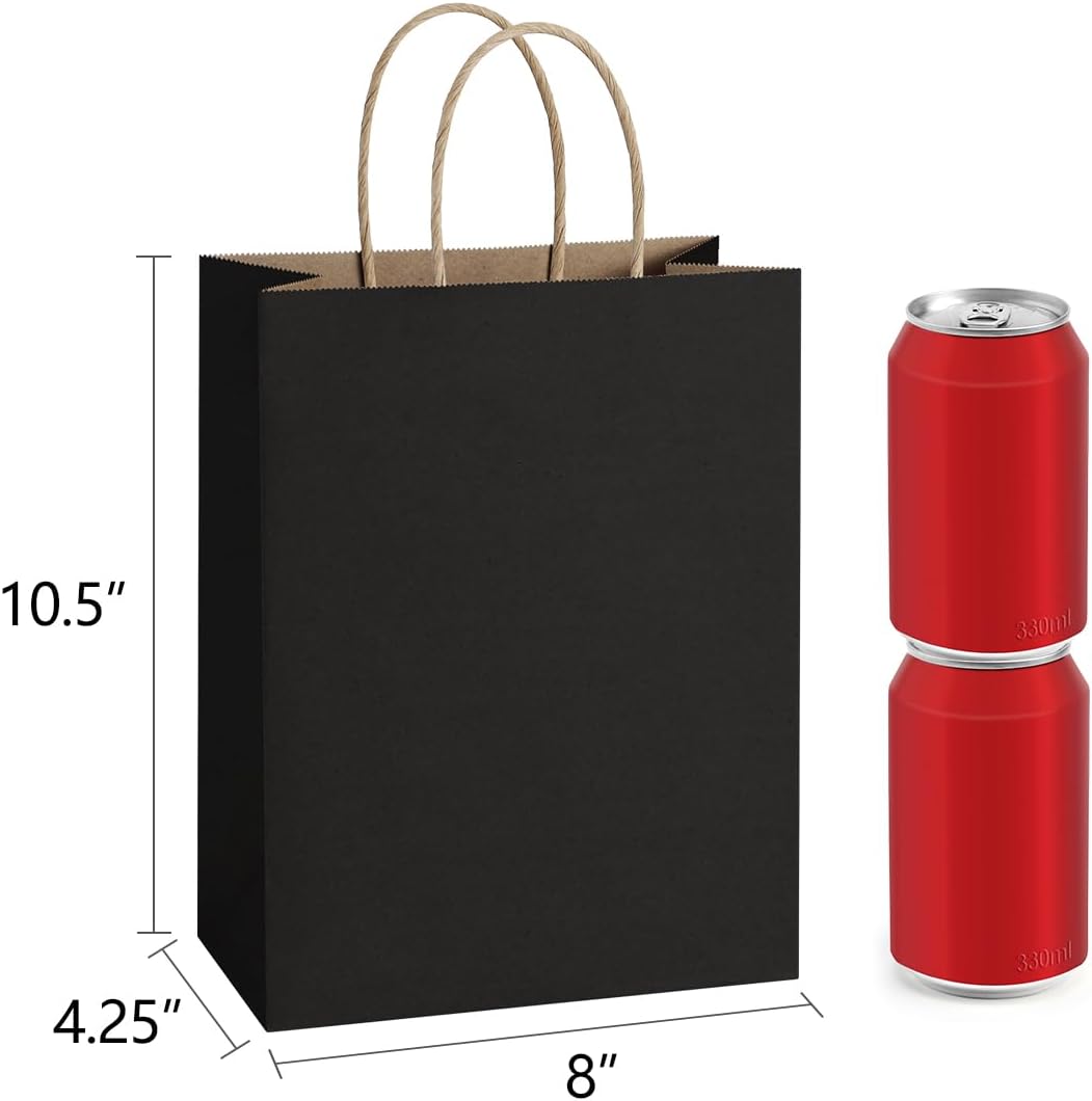 BagDream Medium Gift Bags with Handles 8x4.25x10.5 Inch Black 50 Pack Bulk