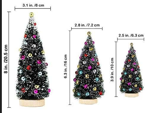 Winlyn 3 Pack Artificial Mini Tabletop Christmas Trees Tiny Frosted Bottle Brush Trees Decorated Small Sisal Trees with White Snow and Colorful Beads Winter Holiday Miniature DÃ©cor Assorted Sizes