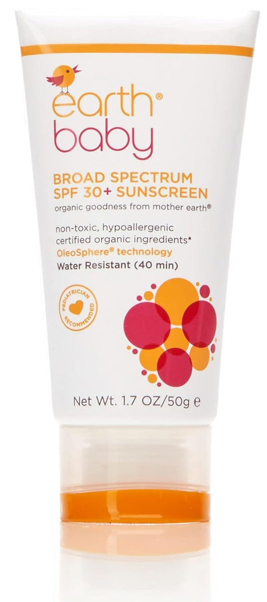 Earth Baby Broad Spectrum SPF 30+ Sunscreen Reef Safe Water-Resistant Hypoallergenic for Sensitive Baby & Kids Skin 1.7 Fl Oz