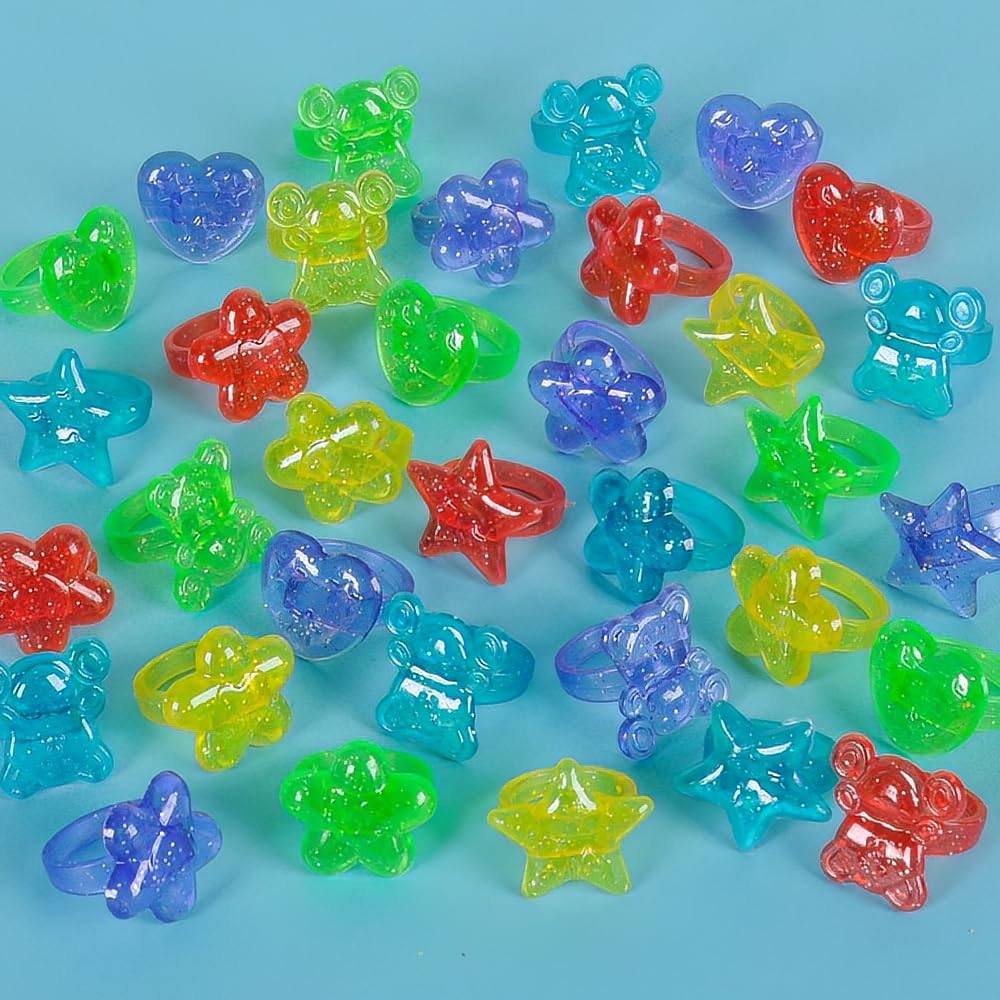 Plastic Glitter Rings, Assorted Colors and Designs- 144 Count