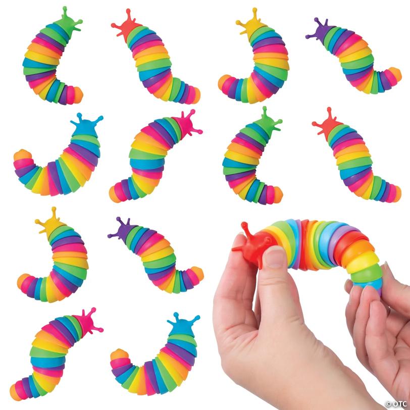 5 1/2" Bright Rainbow Multicolor Plastic Fidget Slug Toys - 12 Pc.