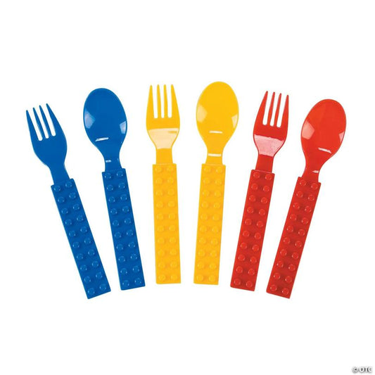 5 1/2" Color Brick Building Block Party Plastic Fork & Spoon Set - 16 Ct. | USA Decoration®